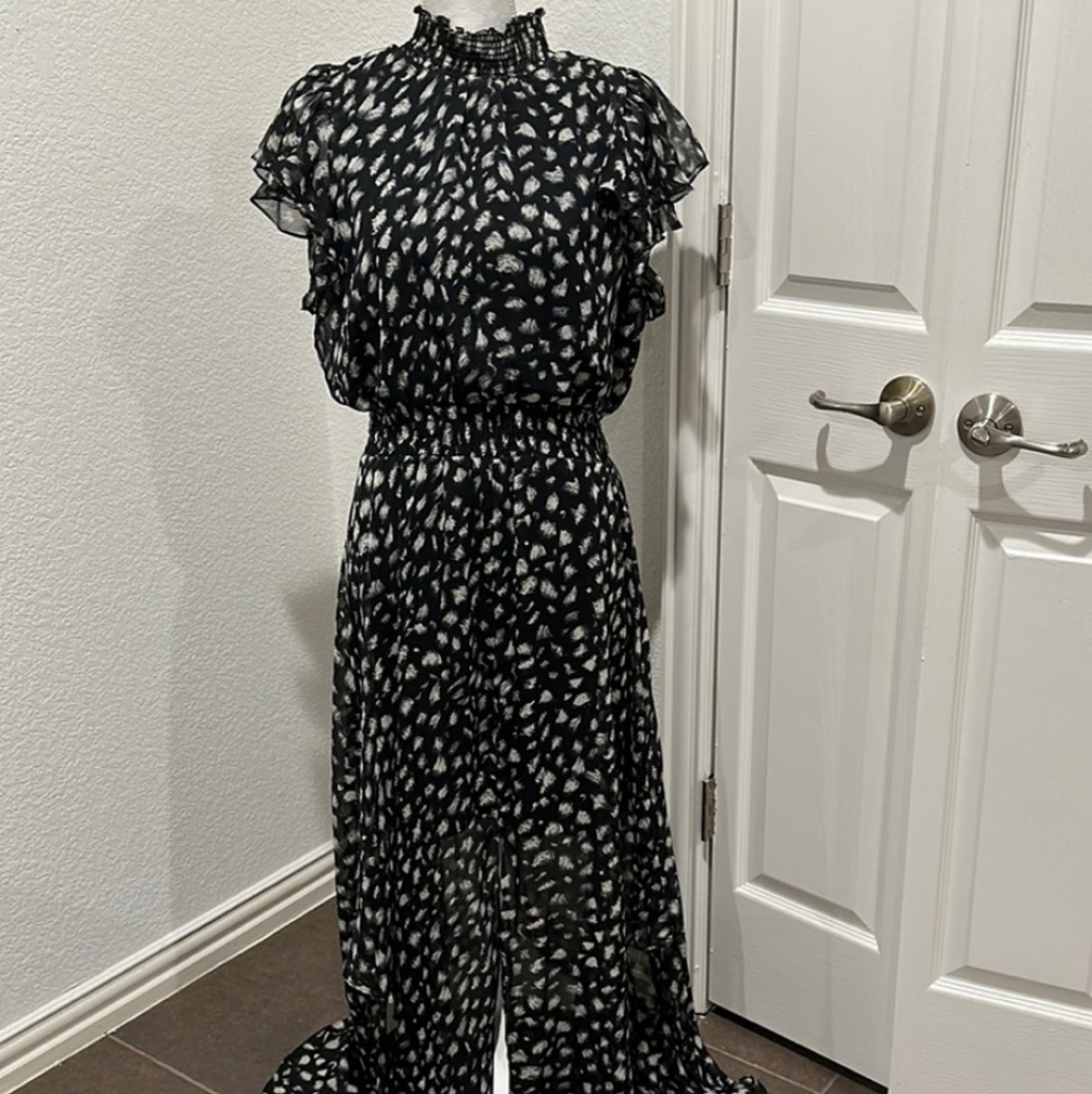MSK Flutter Sleeve Maxi Dress Handkerchief Hem High Neck Smocked Elastic Waist